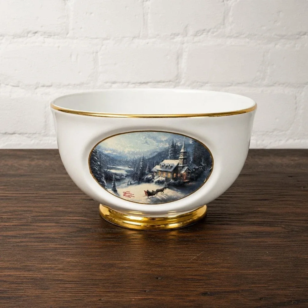 Thomas Kinkade Sleigh Ride Bowl Teleflora Gift Porcelain Gold‎ Rim Vintage